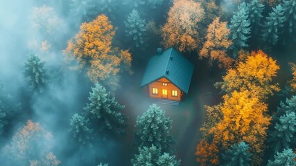 Wooden cabin with glowing windows surrounded by misty autumn forest. Peaceful nature retreat slow motion animated background.