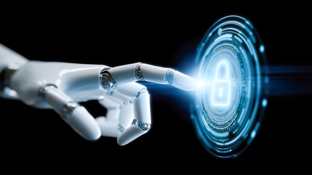 A white robotic hand is touching the padlock icon, illustration of a cyber security concept for internet security business services or online.
