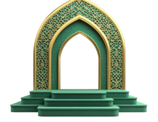 Ornate arched gateway, gold trim, green base/stairs, textured pattern details