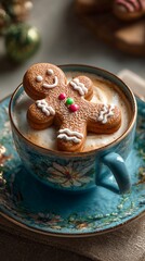 Fototapeta premium A delicious gingerbread cookie atop a frothy latte beautifully presented in an elegant blue floral cup, perfect for festive celebrations or cozy moments at home.