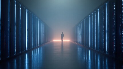 Mysterious silhouette standing in futuristic corridor with glowing blue vertical light panels, creating symmetrical perspective of infinite technological space