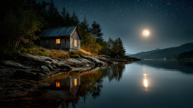 Solitary cabin near calm lake with reflection of stars and full moon - Powered by Adobe