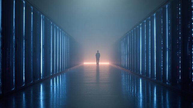 Mysterious silhouette standing in futuristic corridor with glowing blue vertical light panels, creating symmetrical perspective of infinite technological space