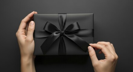  Human hands gently holding and adjusting a luxurious black gift box with a satin bow on a dark background