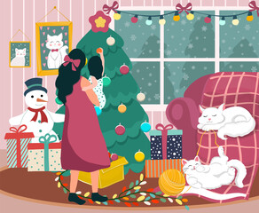 Mother and Child Decorating Christmas Tree with Cute Seeping Cats. Cozy warm winter evening