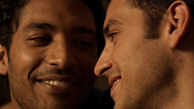 Closeup portrait of two men sharing an intimate and happy moment, their faces close and expressions full of affection vector illustration