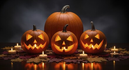 Glowing jack-o'-lanterns and whole pumpkin with autumn leaves and lit candles on a dark reflective surface