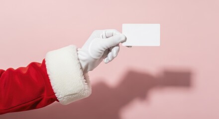 Santa Claus hand in white glove presents blank card against pink backdrop