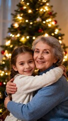 Heartwarming grandmother and granddaughter embrace by christmas tree in cozy holiday setting