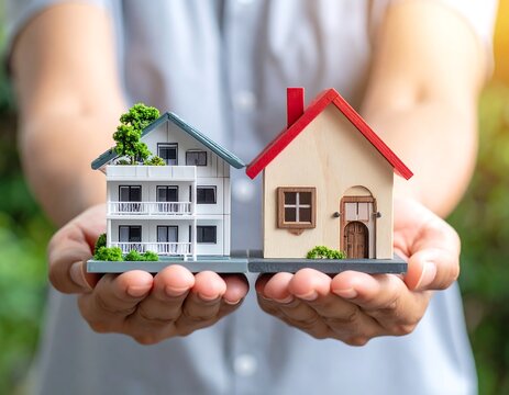 Hands holding two small model houses