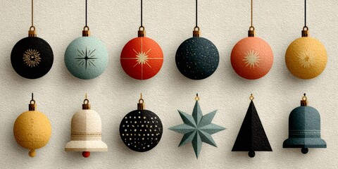 Christmas holiday ornaments hanging in retro style pattern