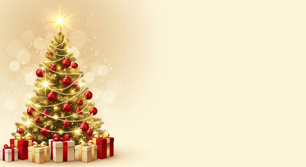 An elegantly decorated golden Christmas tree with red baubles and gifts, shining brightly on a festive bokeh background with space for a holiday message