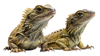 Fototapeta premium Two tuatara reptiles facing left detailed close-up studio portrait unique ancient creatures isolated on transparent background