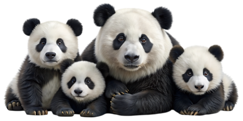 Adorable giant panda family portrait close up showing mother father and cubs together expressing unity and love isolated on transparent background