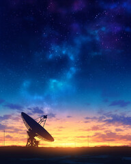 Large Satellite Dish Silhouette Against a Vibrant Starry Night Sky with Sunset Colors. Perfect for space exploration, telecommunications, radio astronomy, or global connectivity concepts.