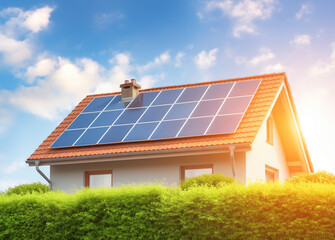 Residential House with Solar Panels Installed on a Terracotta Roof Against a Blue Sky with Sun Flare. Ideal for renewable energy solutions, sustainable living concepts.