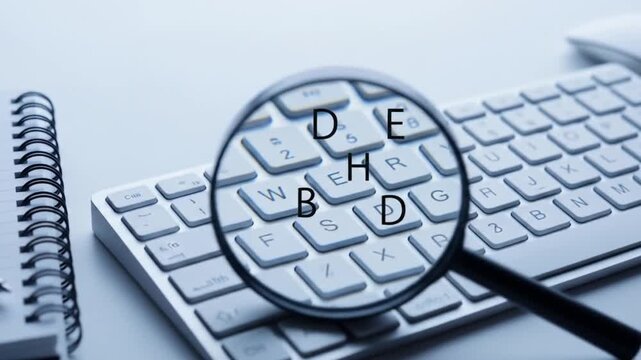 Magnifying glass highlighting keyboard letters revealing a cryptic message about business decisions and data analysis in a professional setting