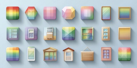 Rainbow windows and colorful app icons displaying elements