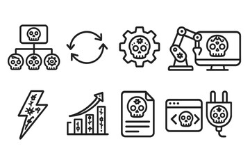 Virus, cybersecurity outline icon set. malware, threat detection line art collection