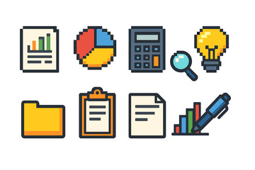Business and finance icon set. analytical and office tools in pixel art style