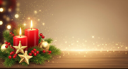 Festive winter holiday scene with a happy snowman, decorated fir tree, and falling snowflakes on a snowy background with copy space