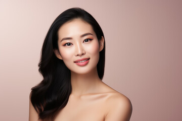 Fototapeta premium Close-up Beauty Portrait of a Beautiful Young Asian Woman with Flawless Skin and Dark Wavy Hair on a Pink Background. Ideal for skincare, cosmetic products, natural beauty, or hair care advertising.