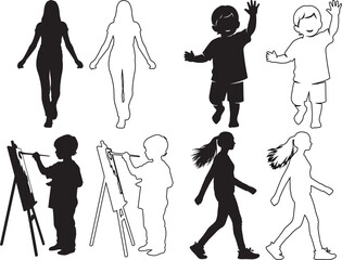 Obraz premium Black and white silhouettes of children and women walking painting and waving showcasing diverse activities and figures in simple designs
