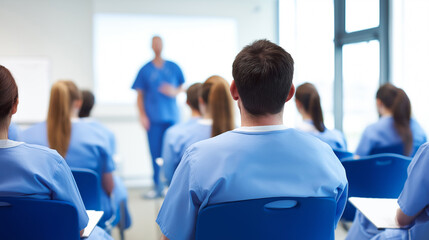 Rear View of Diverse Medical Students in Scrubs Attending a Lecture or Training Seminar in a Modern Classroom. Excellent for nursing schools, healthcare education, medical training.