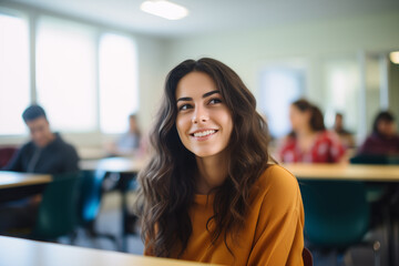 a Radiant Young Female University Student Smiling and Engaged in a Bright Modern Classroom. Ideal for online courses, higher education enrollment, or successful academic life content.