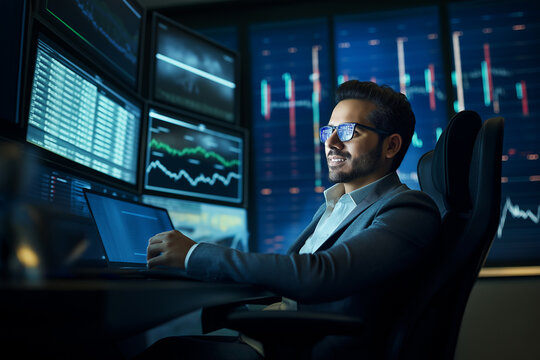 Smiling Hispanic Trader or Financial Analyst Working in a Dark Control Room with Multiple Screens Displaying Market Data. Perfect for stock trading, investment banking, cryptocurrency.