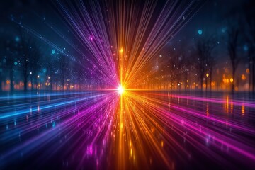 Vibrant light beams radiate in multiple colors through a dark landscape at night, creating a mesmerizing visual effect