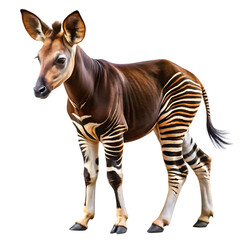 Adorable baby okapi with striking zebra-like stripes walks gracefully isolated studio portrait isolated on transparent background