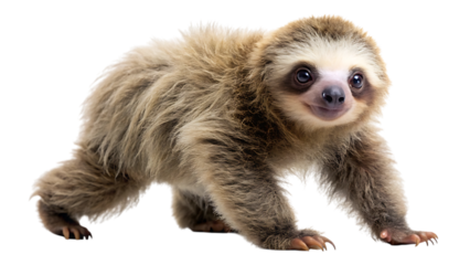 Adorable baby sloth walking slowly side view cute mammal with fluffy fur isolated on black studio background isolated on transparent background