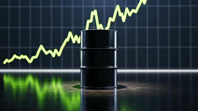 Black oil barrel with stock market chart in background. Oil price increase concept with global economic impact.