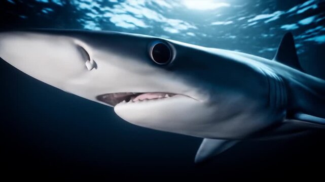Swimming shark in deep ocean waters with dark background