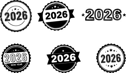 Obraz premium Eight Black and White 2025 Year Stamps and Seals new year, 2026, year, new year, celebration, stamp, seal, badge, emblem, label, sticker, graphic, design, element, icon, symbol, vintage, retro, round