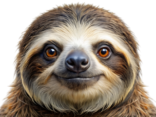 Close-up of a cute three-toed sloth face with gentle eyes and a slight smile on a isolated on transparent background