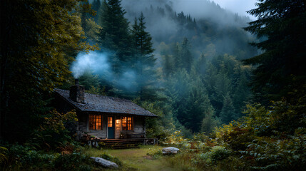 Solitude cabin by forest river with smoke rising from chimney at dusk