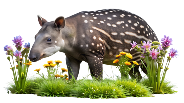 Adorable baby tapir amidst vibrant wildflowers and lush green grass a stunning studio portrait isolated on transparent background - Powered by Adobe