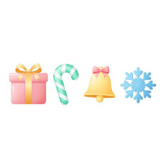 A cute 3D set of Christmas holiday icons featuring a gift box, candy cane, festive bell, and snowflake, perfect for winter celebration design