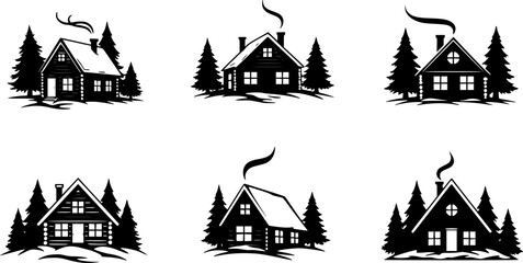 Fototapeta premium Silhouette of a cozy cabin surrounded by snow covered pines. Winter cabin scene vector illustration christmas holiday vacation home design art 