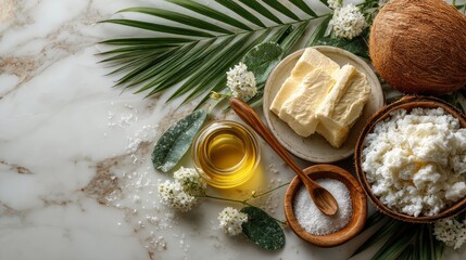 Natural Ingredients for Skin Care: Shea Butter, Coconut Oil, and Sea Salt Display