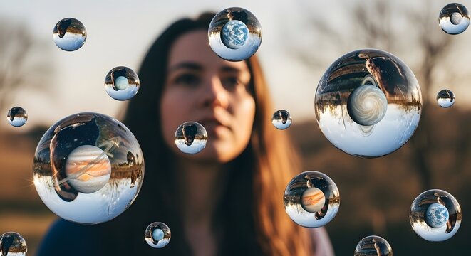 Planets enclosed in big water droplets floating in the air with a woman in the background watching a bubble with her eyes