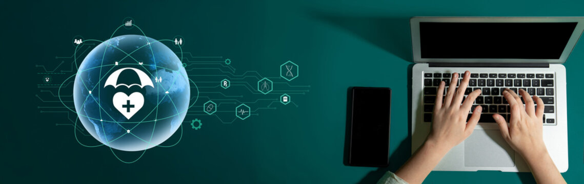 Global healthcare and medical insurance solutions for family protection. Digital technology provides access to health services and insurance worldwide. Motif - Powered by Adobe