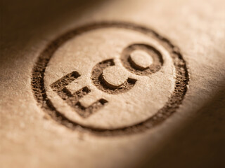 Close-up of embossed ECO text symbol on brown recycled cardboard surface