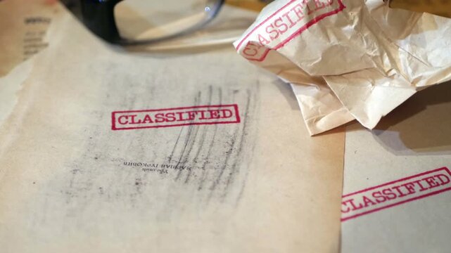 An old  sensitive documents and secret information with the stamp CLASSIFIED dolly shot