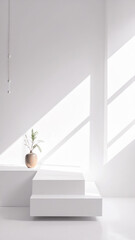 Single Vase with a Delicate Plant on White Geometric Steps under Direct Morning Light in a Minimal Interior