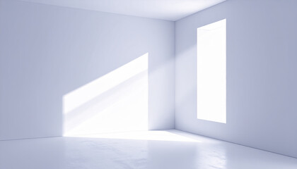 Empty White Room with Sharp Angular Sunlight Casting Shadows through a Tall Window