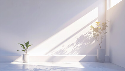 Two Potted Green Plants in a Minimalist White Room Illuminated by Morning Sunlight and Shadows
