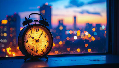Vintage Alarm Clock Sitting on a Windowsill with a Vibrant Cityscape Glowing in the Morning Light